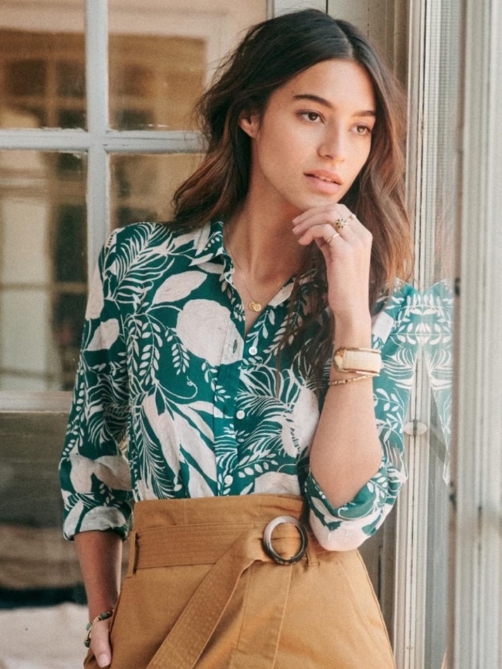 Sezane Pierro Green Floral Print Cotton Silk Button Down Shirt